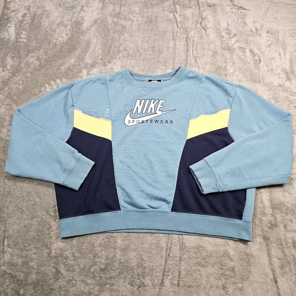 Nike Sweatshirt Womens L Blue Heritage Fleece Colorblock Center Swoosh Cropped